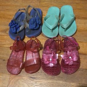 Size 7 shoes: gap pink jelly, pink flower jelly, team flip flops, purple bow ff